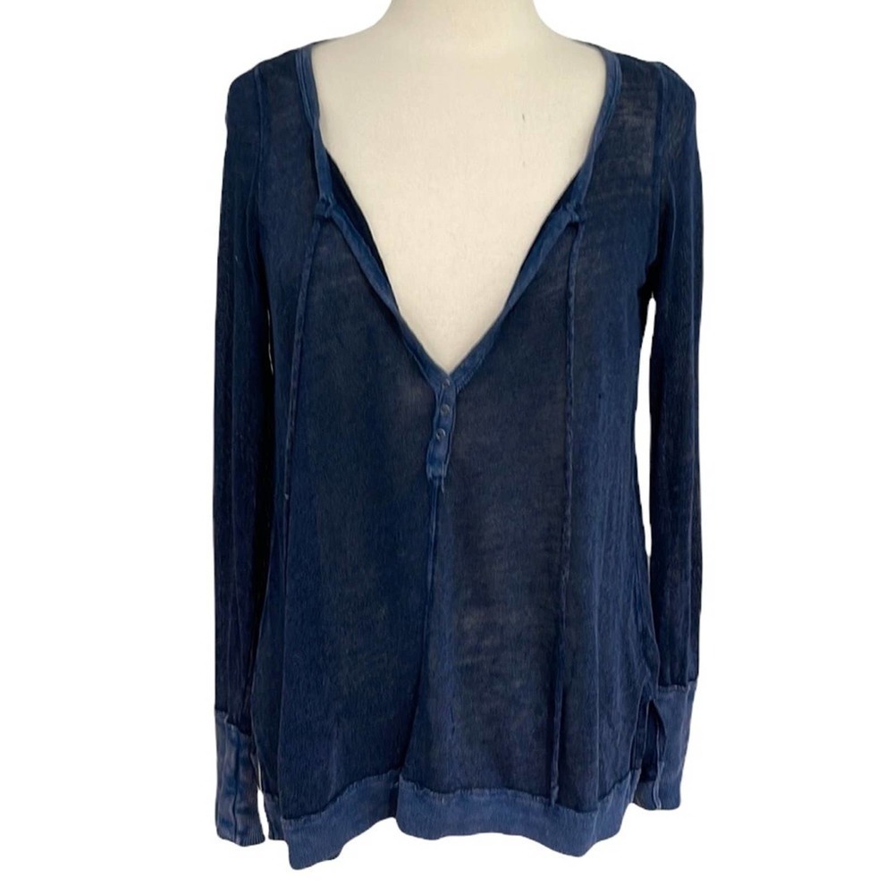 FREE People Open Weave Linen Blend Henley Tunic Top Oversized SZ XS NAVY - Picture 3 of 9